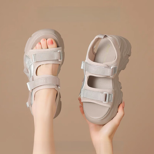 
SIPUWANG Sports Sandals for Women 2025 Summer New High-Soled Thick-Soled Casual Sponge Cake Shoes Wear Anti-Slip Beach Shoes Velcro 693 Beige * Heel Heel Height 6.5cm 38