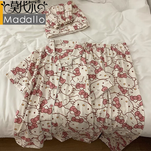 Modal Ice Silk Pyjamas Femmes Ins Wind Kidie Cat Hellokitty printemps et été mignon Sweet Three-Pice Set Home Clothes Women 14116 # l [suggéré 100-115Jin [Jin est égal à 0,5 kg]]]