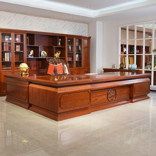 Hanjitang Yuxin Chinese style solid wood desk boss desk and chair pear wood solid wood leather president desk chairman's office executive desk 2.8 meters boss desk