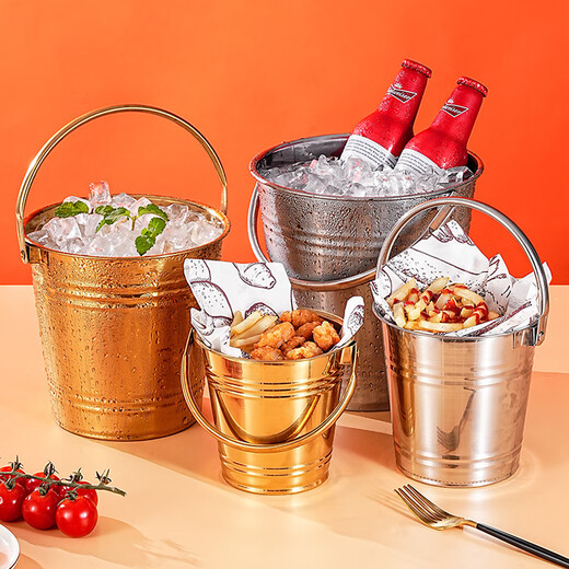 Vinoa Internet celebrity ice bucket commercial stainless steel portable small ice bucket KTV bar champagne bucket red wine beer home thickened natural color 12CM portable-snack bucket 0.8L