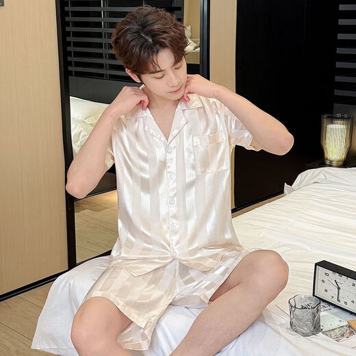 Pajama masculin à manches courtes en soie de glace d'été pour les adolescents et les étudiants masculins peut porter des vêtements à domicile SX-679 Modèle de champagne masculin 2xl [130-150jin [Jin est égal à 0,5 kg]]]