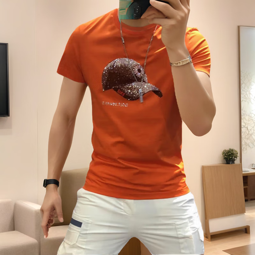 Giocp Hong Kong Trendy Brand Sommer Neuer mercerisierter Baumwollhut-Bügeln Diamant Kurzarm Internet Promi Persönlichkeit Trendy Slim Hälfte T-Shirt Männer Orange 733 Hut 3xl