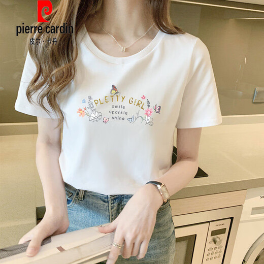 皮尔卡丹（pierre cardin）棉质白色t恤女短袖宽松正肩透气学生体恤夏季2025新款上衣针织衫 9793白色 短袖 M (建议80-105斤)