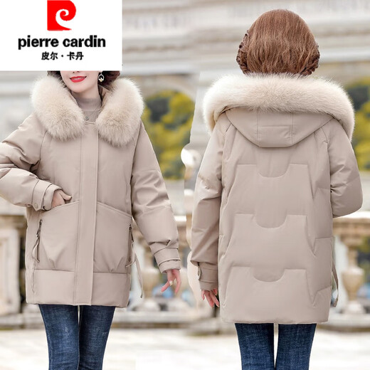 Pierre Cardin New White Duck Down Jacket Women's Medium Long Large Size Loose Middle-aged and Elderly Mother's Winter Warm Jacket Khaki 3XL Recommended 130-140Jin Jin equals 0.5 kg