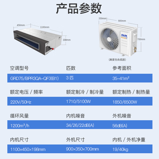 AUX central air-conditioning duct machine, one for one, 3 HP, first-class energy efficiency and power saving, Xiaqing enjoys, home living room air conditioner, full DC GRD75/BPR3QA-QF3 (B1) national subsidy