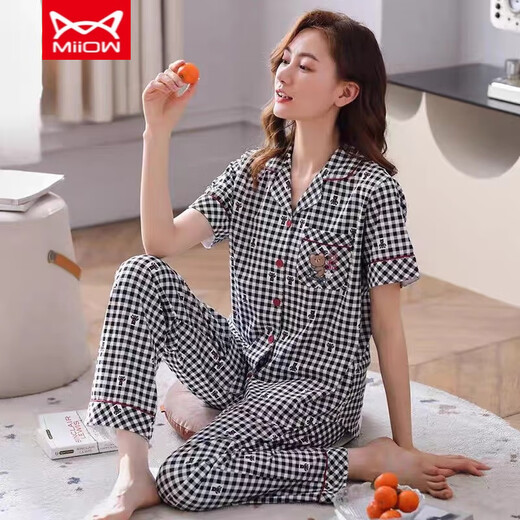猫人 MIIOW纯棉睡衣女夏季薄款短袖长裤开衫格子纯棉宽松家居服套装 BK-9923 M 建议80-95斤