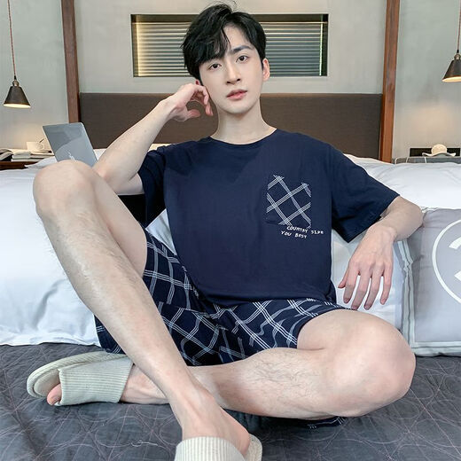 Mu Fengqing pajamas for men in summer cotton thin short sleeves plus fat plus size casual can wear men's youth home clothing suit 9928 [H series men's short-sleeved shorts suit] XL [Suggested 130-150Jin [Jin equals 0.5 kg]]