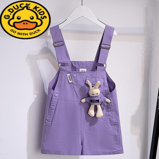 
G.DUCKKIDS children's overalls suit for girls in summer 2024 new fashionable children's summer casual shorts two-piece set Purple rabbit overalls + white T 130