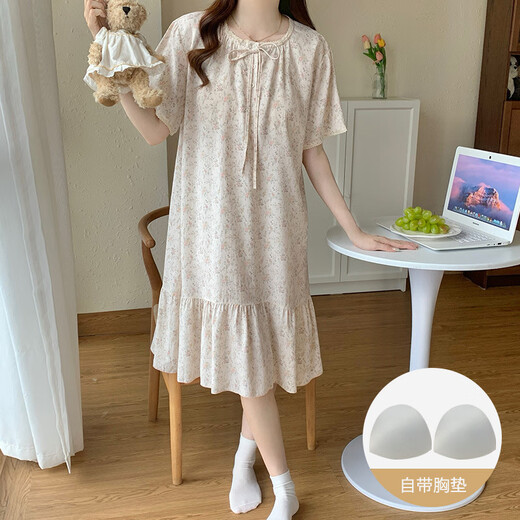 维多利亚的格调带胸垫睡衣女夏季2025新款宽松可爱韩版碎花睡裙中长款家居服大码 M16862【带胸垫】 2XL