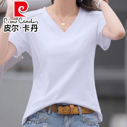 皮尔卡丹（pierre cardin）时尚休闲v领纯棉正肩短袖T恤女夏季韩版新款宽松黑色短袖薄款体恤 酒红色纯棉9855 S 85-95斤