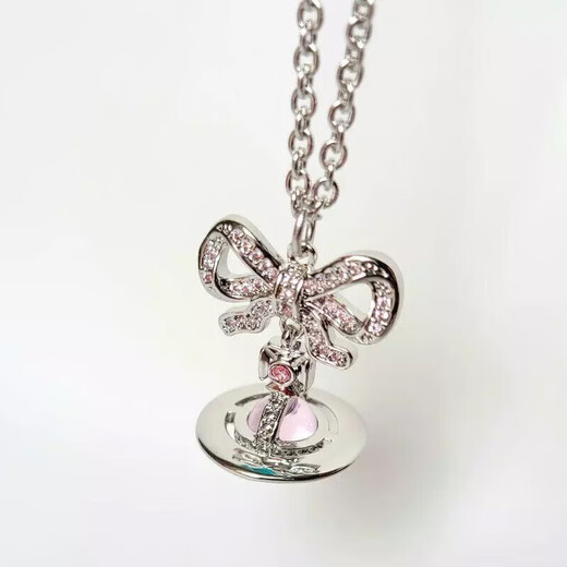 VVIENNE WESTLOCK British Purchasing Agent Western Queen Mother Authentic Saturn Necklace Octavie Diamond Bow Pendant Clavicle Chain Women Silver Pink
