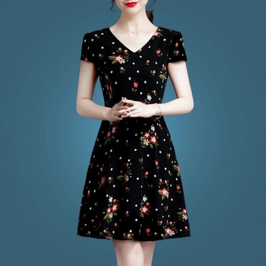 
Ice silk dress summer 2025 new floral skirt temperament 40-50-year-old middle-aged women's short-sleeved printed skirt Ice silk 9901 skirt XL 115-125Jin[Jin equals 0.5 kg]