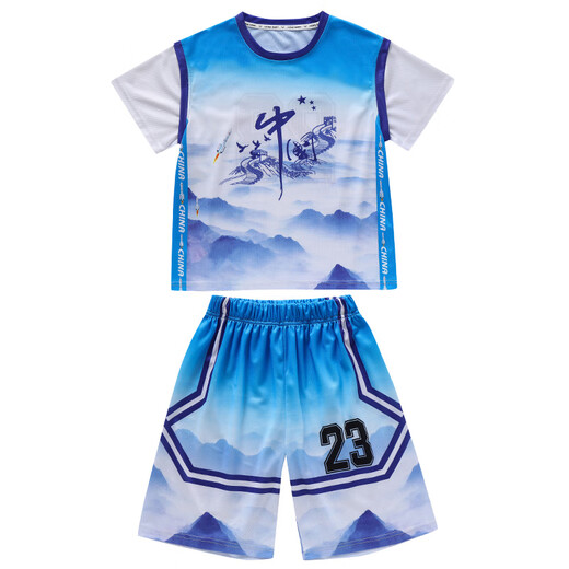 男童夏装球服套装洋气儿童夏季篮球服中大童运动短袖速干衣中国风 DMG-9905-地球球服-蓝色 120 建议身高110cm