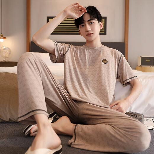 七匹狼（SEPTWOLVES）睡衣男士夏季莫代尔薄款短袖长裤冰丝凉感休闲家居服加肥大码套装 XM9918莫代尔男长裤短袖 L 男100-125斤