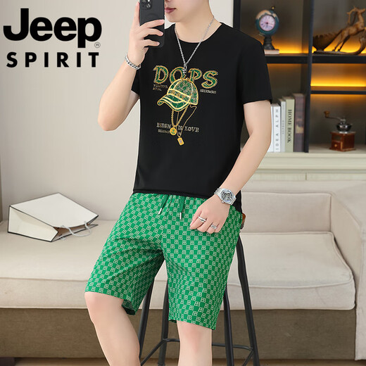 吉普（JEEP）短袖套装男夏季新款潮流休闲时尚男士圆领烫钻t恤休闲两件套 T9909黑色【短袖+短裤】 M 90-110斤