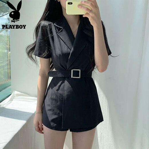 花花公子;PLAYBOY法式新款夏季韩版连体衣女装气质收腰连身短袖西装领连体短裤套装 黑色 S