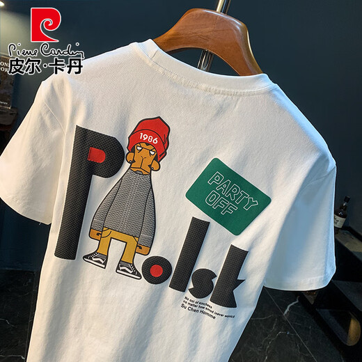 皮尔卡丹（pierre cardin）潮牌夏季短袖T恤男印花半袖宽松新疆棉舒适百搭潮流五分袖衣服男 白色 【9923】 M 适合90-108斤穿