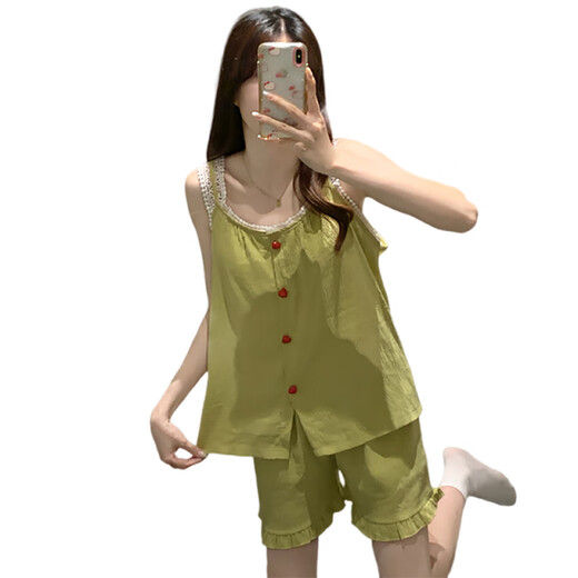 Yalu Yunduo Pyjamas en coton pour les femmes en été avec poitrine de poitrine Sexe Sytch Set Les vêtements de maison pour femmes à la mode peuvent être portés à l'extérieur du 9226 Green L (100-120Jin [Jin est égal à 0,5 kg])