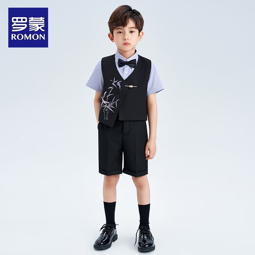 罗蒙男童西装套装钢琴演出服主持人新中式国风西服儿童礼服 黑色140