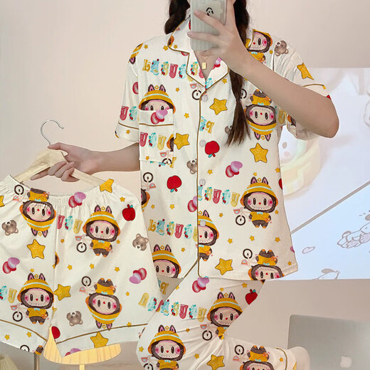 夏季新款拉布布卡通睡衣女清新可爱短袖三件套ins风家居服可外穿 套KK14137 L 【建议100-120斤】
