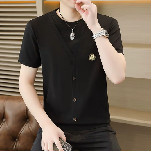 铠私乐（KMUYSL）夏季冰丝针织假两件短袖T恤男韩版修身痞帅凉感薄款半袖体恤上衣 6625黑色 M (90-110斤)