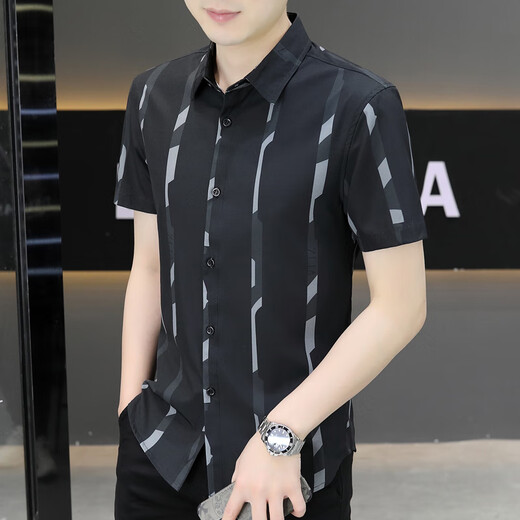 Pierre Cardin Neu 2025 Sommer-Herren-Kurzärmel-Hemd Trendy hübsches Eis Silk Zentimeter Dünnes kühles Hemd 7027 Schwarz M 90-110Jin [Jin ist gleich 0,5 kg]