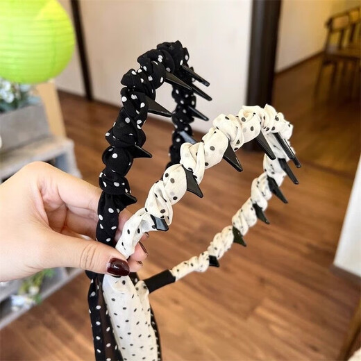 Fabric polka-dot headband for women 2025 new style winding headband hair band with teeth anti-slip hairpin headdress 2 polka-dot streamer all-in-one headband white