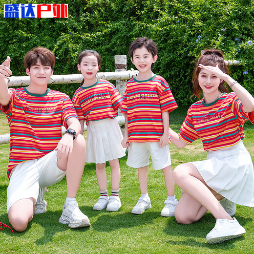 Хэ Цзягун одежда для родителей и детей в стиле матери и ребенка, одежда для родителей и детей 2025 года, новая летняя футболка для семьи из трех и четырех человек с короткими рукавами, спортивная встреча, полосатый костюм для матери, футболка + белая юбка 175 Mom L