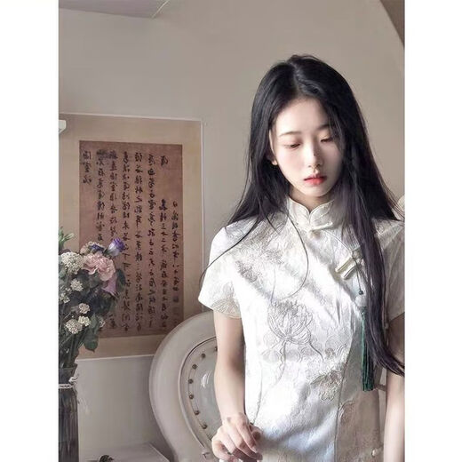 Hualin mode modifié Cheongsam Summer Tempérament fille robe blanche Style chinois Daily 831 Green Mariffon S