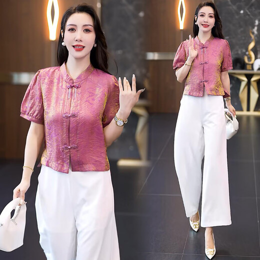 Xin Yimei's new Chinese style shirt for women in 2025 summer new style small and stylish slim squid short-sleeved jacquard shirt rose red top L [105-115Jin[Jin equals 0.5 kg]]