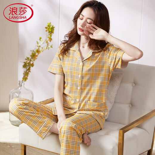 浪莎（LangSha）睡衣女士纯棉短袖长裤棉薄款夏天感夏款中年妈妈家居服 LNY-9923 M -建议80-95斤