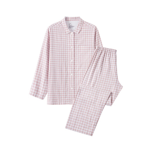 MUJI self-operated limited edition women's no side seams double-layer gauze pajamas soft cotton underwear light pink plaid L