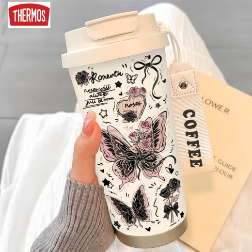 Thermos Simple Butterfly Thermos (Thermos) Acero inoxidable Portable Doble Café Café 2025 nueva taza de agua de paja para mujeres BW1047 Silver Butterfly + Lanyard Ceramic Inter