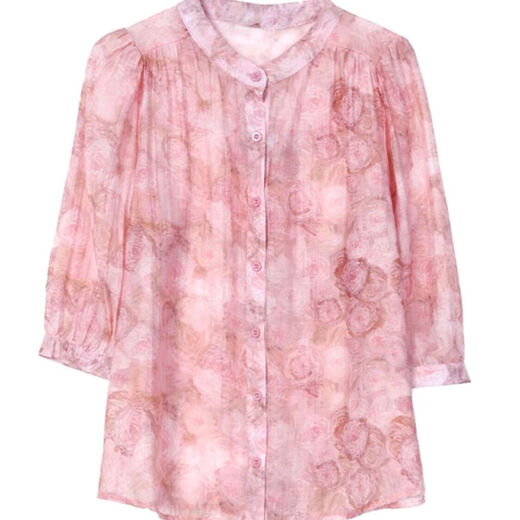 
New summer loose belly-covering temperament chiffon shirt for women with three-quarter sleeves shirt floral stand-up collar top for women Pink M [Suggested 90-100 Jin [Jin equals 0.5 kg]]
