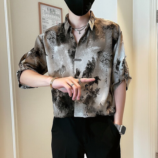 New Chinese style shirt for men short-sleeved casual handsome ink tie-dye shirt for summer thin men's national trend top FC-A683 khaki 2XL