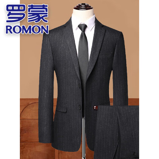 ROMON 100% pure wool men's suit high-end striped spring and autumn business casual no-iron anti-wrinkle light luxury suit black gray dark pattern M 170/48