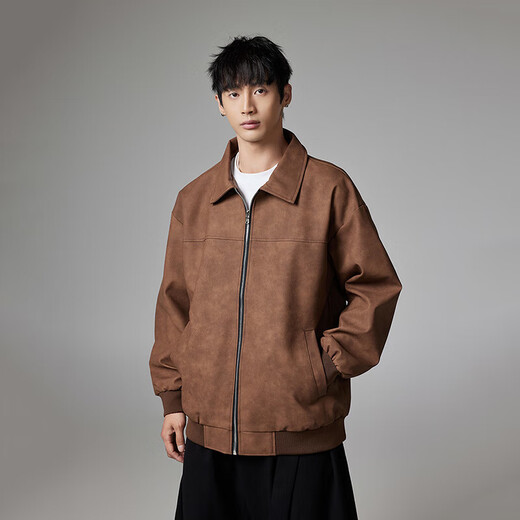 American casual washed leather jacket for men, trendy brand PU leather outer wear, simple men's long-sleeved loose men's top, light brown 2XL (recommended 150-170Jin Jin equals 0.5kg)