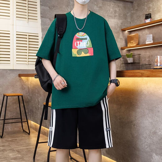 卡度顿青少年男孩短袖t恤夏季初高中学生休闲运动套装潮流帅气大童体恤 7027白色套装 M 建议80-100斤左右