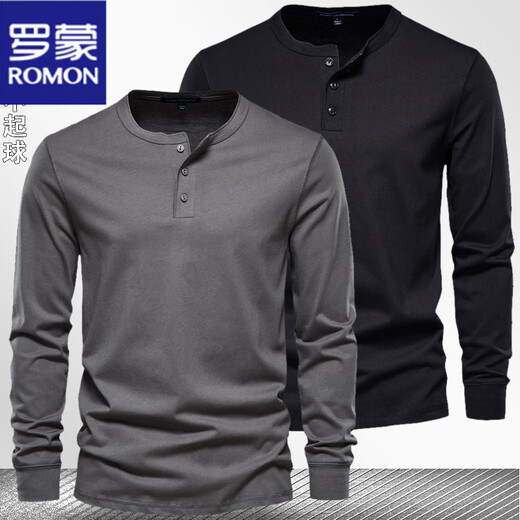 ROMON Henley shirt men's autumn heavyweight t-shirt pure cotton long-sleeved Henley collar high-end men's business bottoming shirt slim top black M weight 125-145Jin Jin equals 0.5 kg