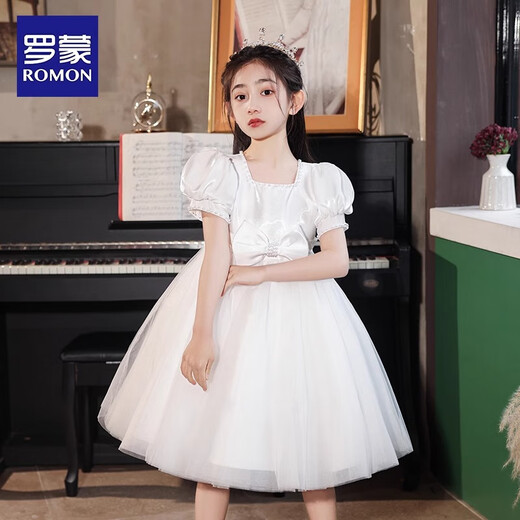 罗蒙毕业演出主持人礼服女童毕业白色公主裙生日花童钢琴 白色130