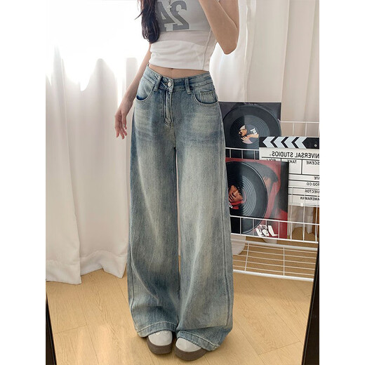 Cantu American retro narrow version straight jeans for women in summer new style small high waist loose drooping wide-leg trousers for women retro blue M [Suggested 90-110Jin [Jin equals 0.5 kg]]