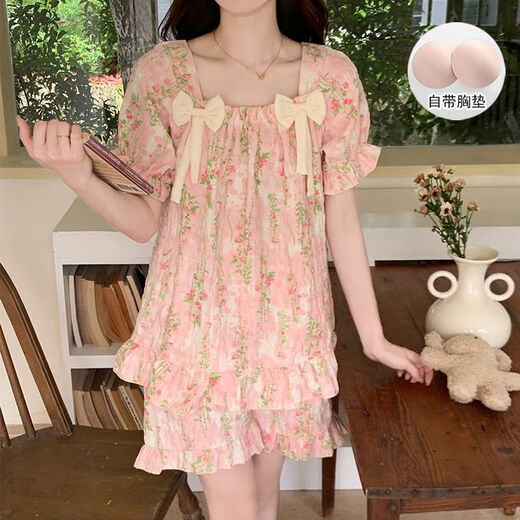 贝逸芙带胸垫睡衣女夏季短袖短裤云朵棉网红薄款可爱甜美卡通家居服套装 zz9902-2#小红花 L