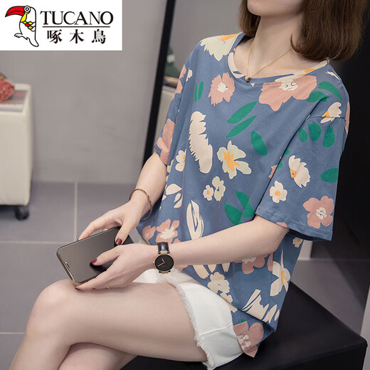 Woodpecker 2025 Vêtements d'été avec un t-shirt à manches courtes en coton pur pour les femmes couvrant leur ventre lâche et mince décontracté et polyvalent pour les femmes 9902 Blue M [environ 80-95]