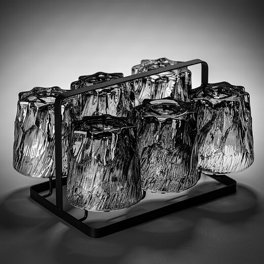 MIDOC retro relief rock glass water cup home hospitality drinking set high-end light luxury red beer tea cup soot rock short style 6 pieces + black stand + pot + black iron plate