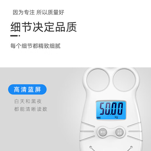 高精度手提电子秤小型快递称便携式家用钩商用吊勾弹簧行李称鱼器 可称100斤 502白色猫【充电款】手提电子秤 送充电线