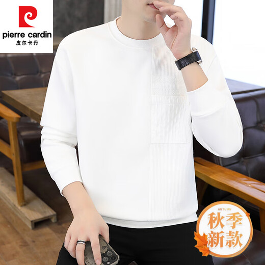 皮尔卡丹（pierre cardin）长袖T恤男士春秋季宽松无帽圆领卫衣设计感拼接款休闲高级感上衣 6627黑色 M