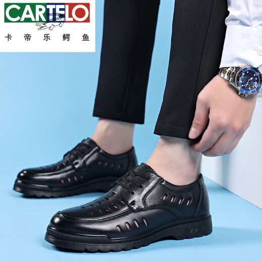 CARTELO 2025 trendy and versatile men's hollow hole shoes men's trendy casual breathable leather sandals formal leather shoes toe bag men's shoes 6627-2 hollow black 40