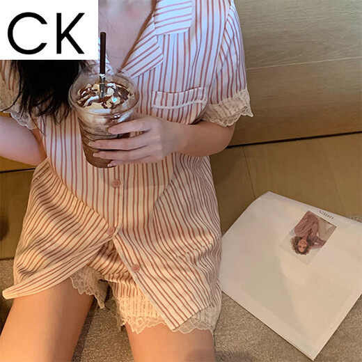 CK蕾丝条纹冰丝睡衣女春夏ins风高颜家居服可外穿 LW-9207【面料】 L 【建议100-115斤】