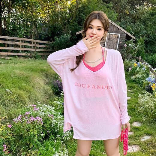 Juke plus size swimsuit women's new summer boxer blouse three-piece set to cover belly, slimming and loose, hot spring resort swimsuit, pink three-piece set, one size fits all (120-150Jin Jin is equal to 0.5 kg)