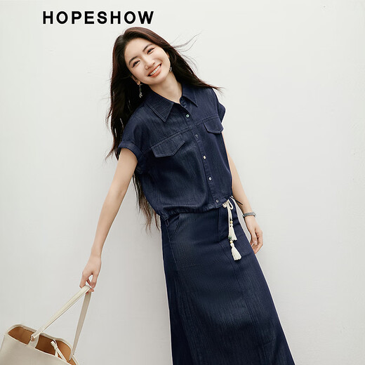 Red sleeve temperament denim short jacket 2025 summer and autumn new women's contrasting color drawstring shoulder-drop shirt collar casual versatile top dark denim blue 072 S